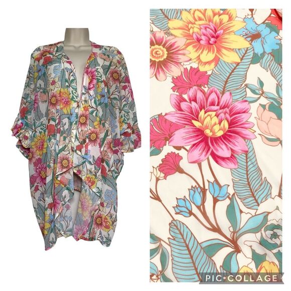Umgee Floral Ruffle Sleeve Open Front Kimono Cardi Cover Up Top Sz S - Picture 2 of 10